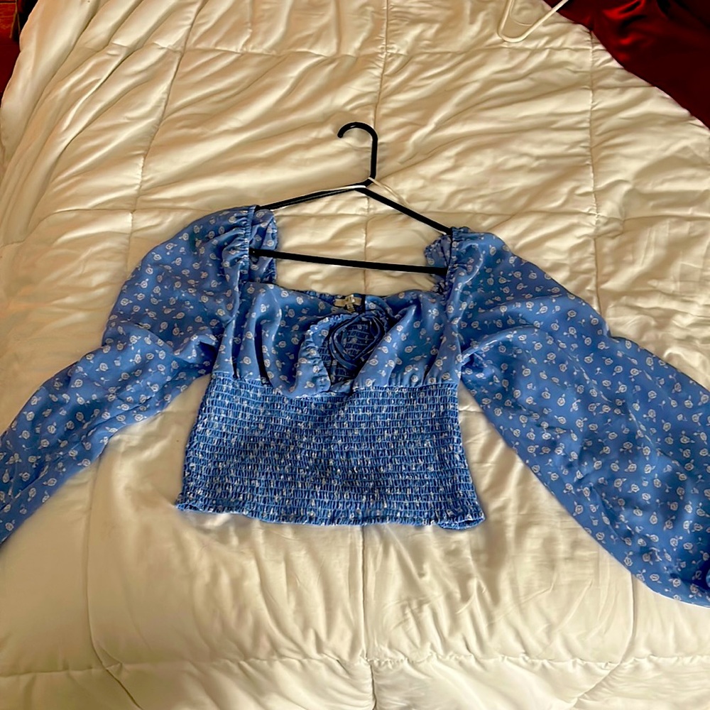 Baby blue long sleeve crop top with white roses printed